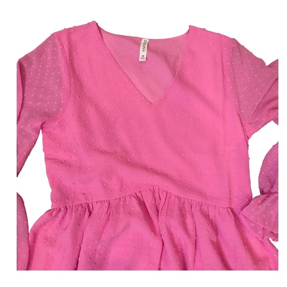 ZENANA Candy Pink Swiss Dot Medium Babydoll V Neck Dress Long Sleeve - Picture 6 of 8